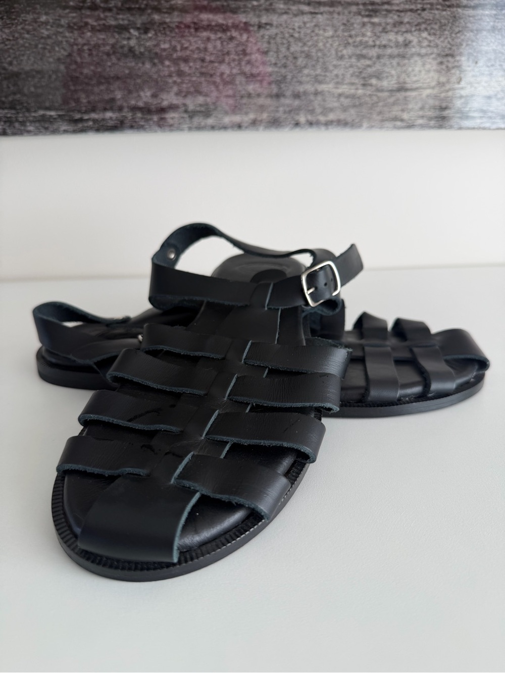 Women's Black Woven Fisherman Sandals with Buckle Ankle Strap